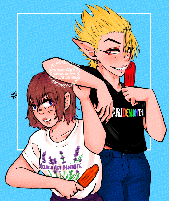 Hiruma and Anezaki from Eyeshield 21. Hiruma with his arm propped up on top of Mamori's head, a popsicle in his other hand. He's taken a chomp out of it. He's wearing a shirt that says pride month with the demon part in rainbow colours. Mamori is trying to shove his arm off her head, also holding a popsicle. She's wearing a shirt that says lavender menace. Hiruma is grinning while Mamori looks annoyed.